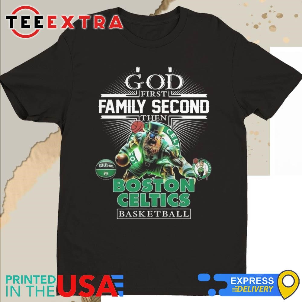 Official Boston Celtics God First Family Second Mascot 2025 Shirt