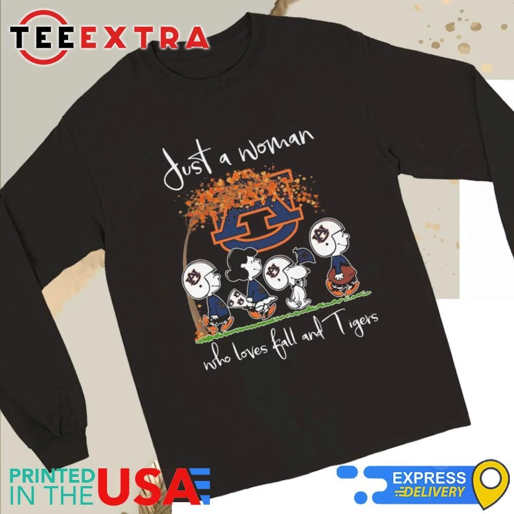 Official Peanuts Just A Woman Who Loves Fall And Auburn Tigers Long Sleeve Tee