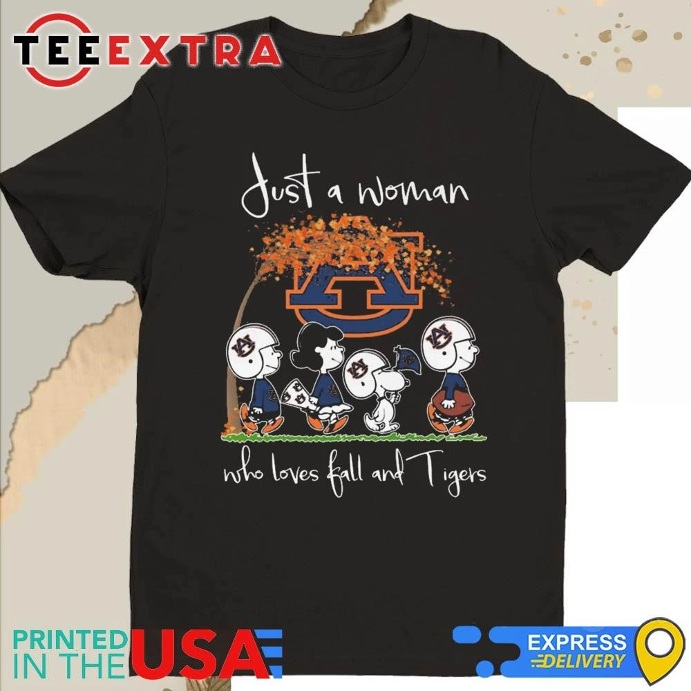 Official Peanuts Just A Woman Who Loves Fall And Auburn Tigers Shirt
